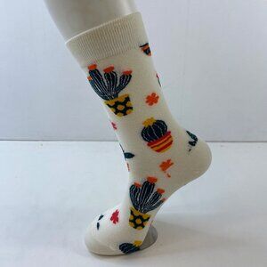 Womens Crew Socks Set 1 Cactus Flowers Print White Green Orange Yellow